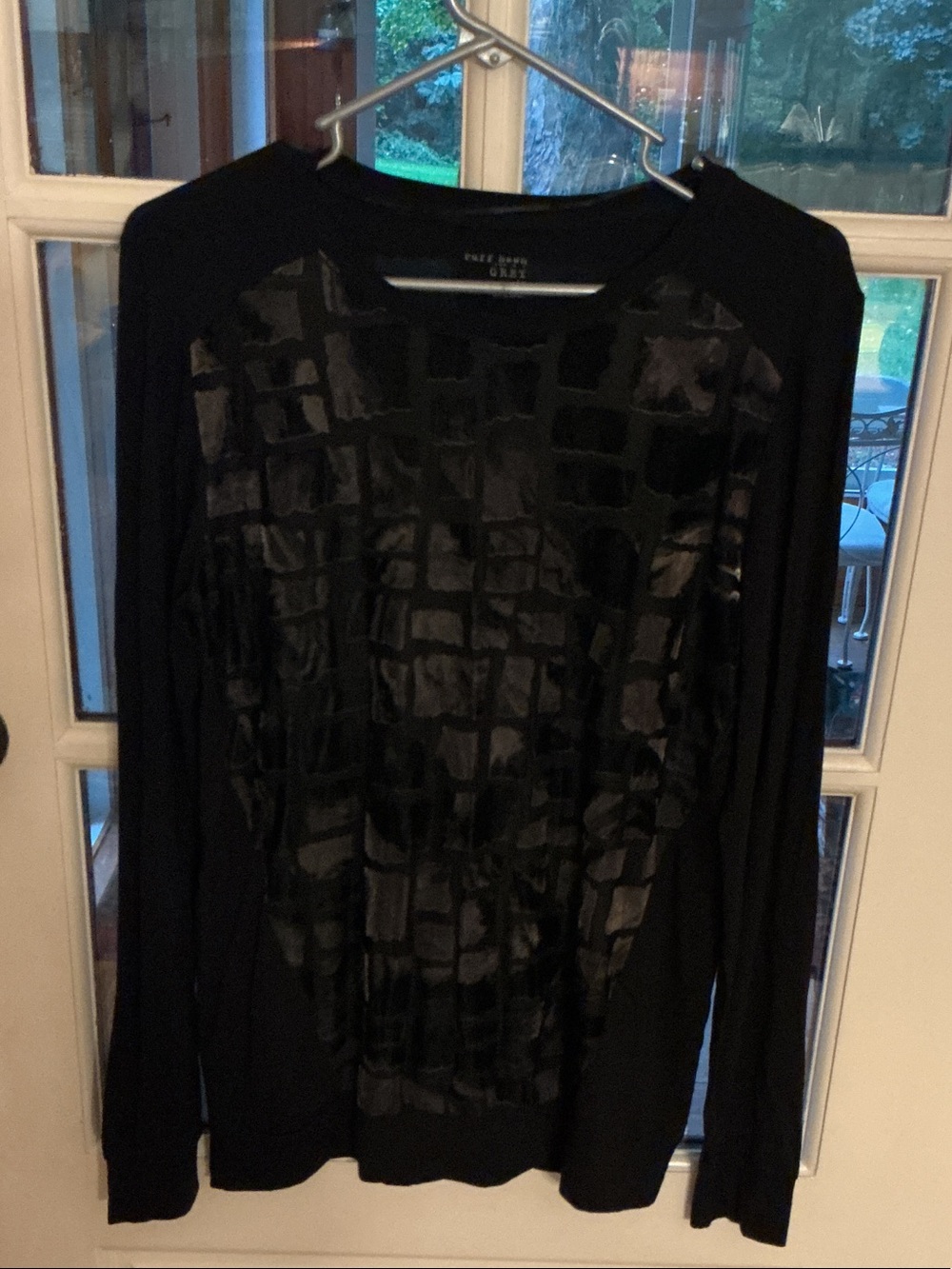 Ruff Hewn Black Long Sleeve Shine-Textured Front Top.